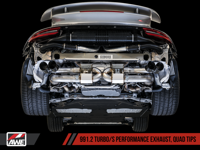 AWE Tuning Porsche 991 Turbo Performance Exhaust and High-Flow Cat Sections - Black Quad Tips