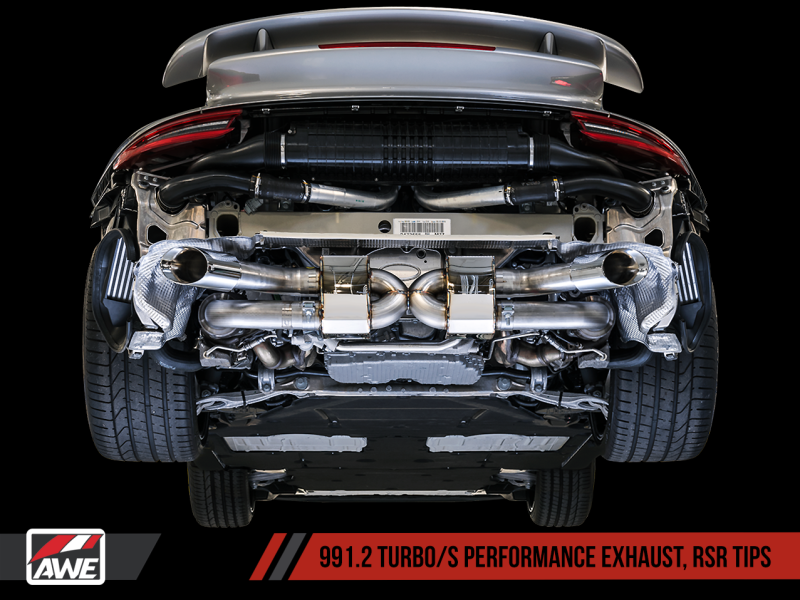 AWE Tuning Porsche 991.1 / 991.2 Turbo Performance Exhaust and High-Flow Cats - Silver RSR Tips
