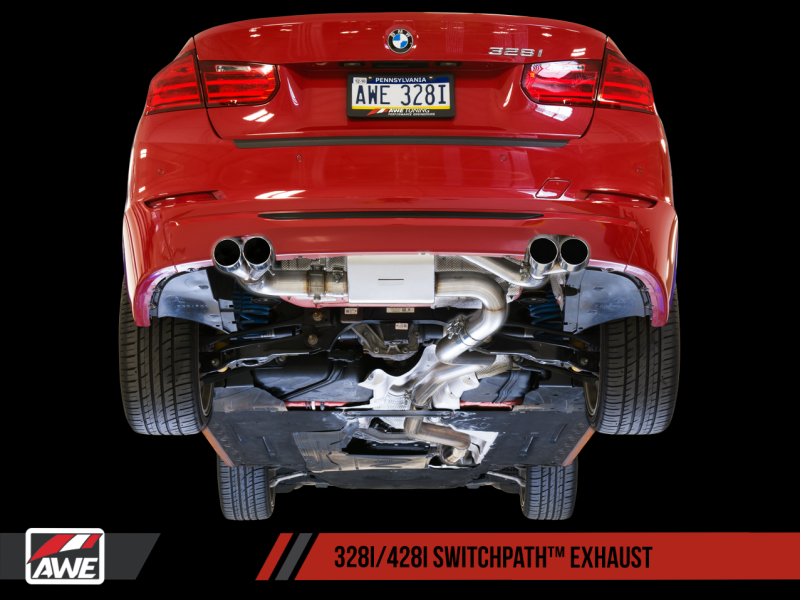 AWE Tuning BMW F3X N20 Downpipe Back SwitchPath Exhaust + Remote Quad Outlet - 80mm Black Tips