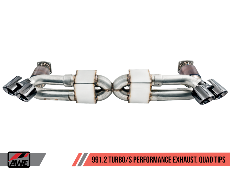 AWE Tuning Porsche 991 Turbo Performance Exhaust and High-Flow Cat Sections - Black Quad Tips