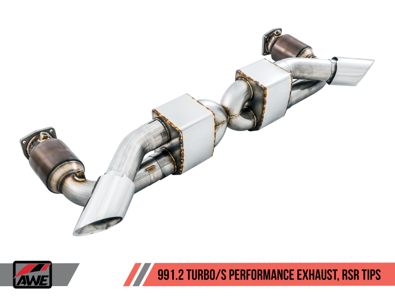 AWE Tuning Porsche 991.1 / 991.2 Turbo Performance Exhaust and High-Flow Cats - Silver RSR Tips