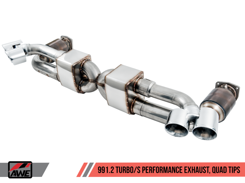 AWE Tuning Porsche 991.2 Turbo Performance Exhaust and High-Flow Cat Sections - Silver Quad Tips